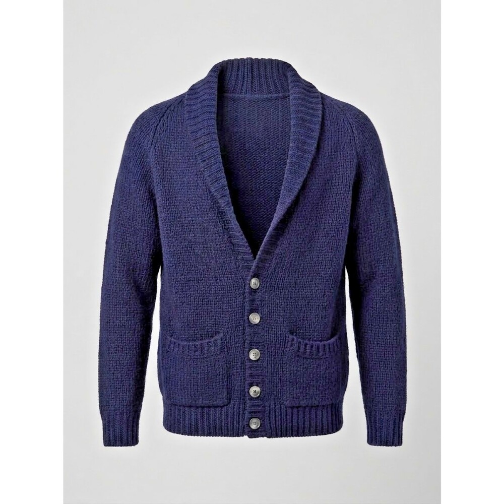 Vtg Italian Wool Shawl Collar Cardigan Sweater Navy Blue Chunky Knit S M Grandpa